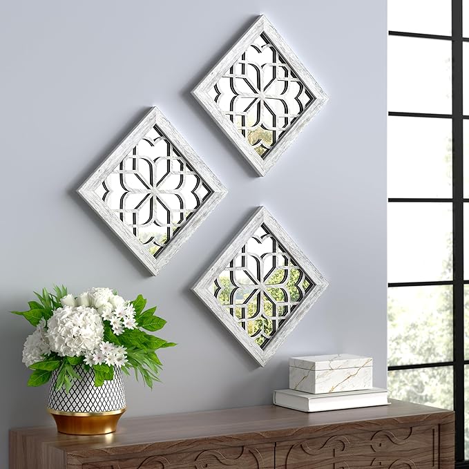 4pcs Farmhouse Wall Mirror with Carved Floral Design -Rustic Mirror Decor for Home, 12x12 inch(Grey)