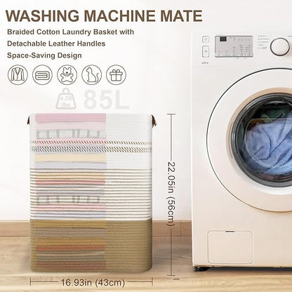 85L Tall Laundry Hamper with Handles for Living Room Storage, Extra Large Woven Rope Baskets Bin for Blanket, Kids Toy, Gifts, Wicker Hamper for Bedroom Dirty Clothes, 17"x14"x22" Khaki