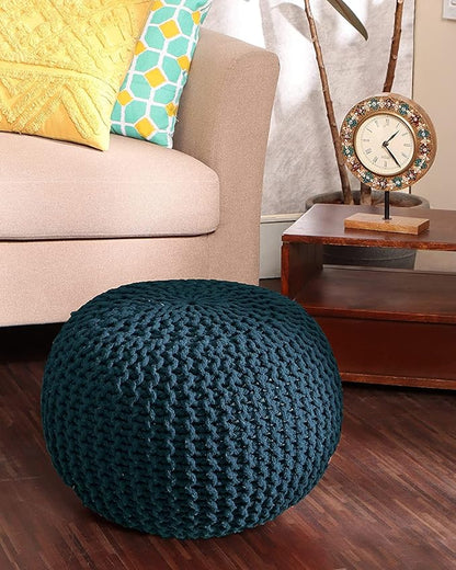 REDEARTH Round Pouf Bean Bag Ottoman - Foot Stool Hand Knitted - Home Decor Pouffe Stuffed - Cable Boho Poof Beanbag Footrest for Living Room - Nursery - Bedroom - Patio (19.5"x19.5"x14") - Teal