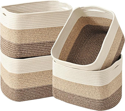 Storage Baskets for Organizing & Shelves, Woven Cotton Rope Organization Bins for Dog Toys, Clothes, Books, Nursery Organizer, 15"Lx11"Wx9.5"H, (4 Packs) Gradient Brown