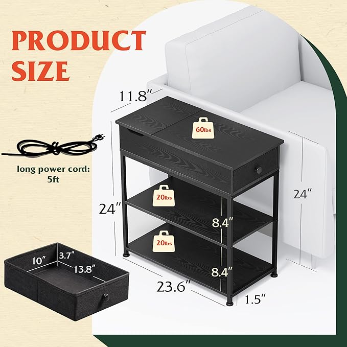 WLIVE Narrow Side Table with 2 USB Ports and 2 Outlets, Flip Top End Table with Drawer and Storage Shelves, End Stand with Charging Station for Living Room, Bedroom, Small Spaces,Black