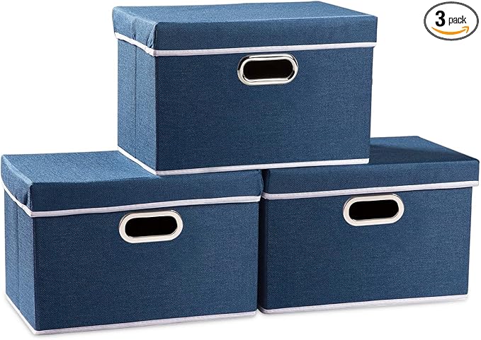 PRANDOM Collapsible Storage Bin with Lid [3-Pack] Fabric Foldable Storage Box Organizer Container Basket Cube with Cover for Home Bedroom Closet Office Nursery Royal Blue(14.9x9.8x9.8)