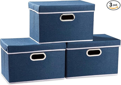 PRANDOM Collapsible Storage Bin with Lid [3-Pack] Fabric Foldable Storage Box Organizer Container Basket Cube with Cover for Home Bedroom Closet Office Nursery Royal Blue(14.9x9.8x9.8)