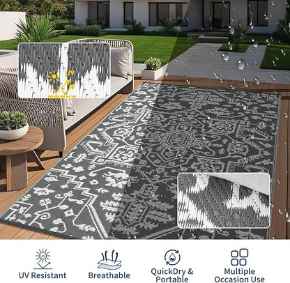 Outdoor Rug 9x12 Waterproof Reversible Plastic Straw Patio Rug, Stain-Resistant Vintage Medallion Carpet, Large Easy-Cleaning Indoor Outdoor RV Mat for Deck, Camping, Balcony, Grey White