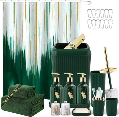 32PCS Bathroom Accessory Set Green Bathroom Accessories Bathroom Set, Shower Curtain Set, 2 Piece Bath Towel Set, 3PC Soap Dispenser, Toilet Brush & Trash Can
