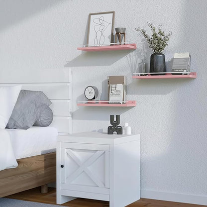 WOPITUES Floating Shelves with Metal Guardrail, Shelves for Wall Decor Set of 3, Wall Shelves for Bedroom, Bathroom, Kitchen, Living Room, Plants, Picture Frames, Art-Pink