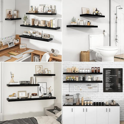 RICHFOCUS 55Inch Floating Shelves for Wall 2 Pack Shelves for Bedroom|Kitchen|Bathroom Wall Mounted Rustic Wood Floating Shelf with Invisible Brackets for Books|Storage|Decor, Black