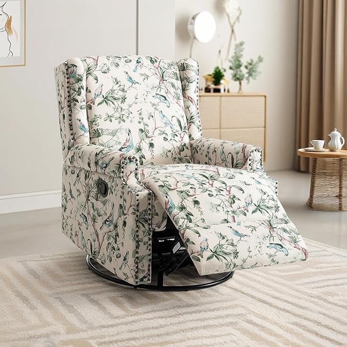 UIXE Swivel Rocker Manual Recliner Chair, Wingback Swivel Glider Fabric Nursery Reclining Sofa Chair, High Back Upholstered Arm Chair for Living Room Bedroom - Bird Pattern