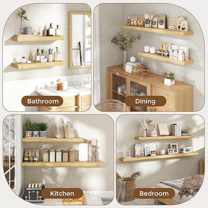 RICHFOCUS Live Edge Wood Floating Shelves for Wall 48" Natural Solid Wood Wall Mounted Shelf|8 Inch Deep Wooden Floating Shelves with Invisible Bracket for Bathroom Kitchen Room|1Pcs, Natural