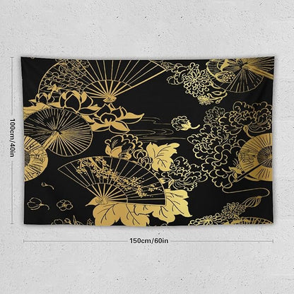 HZOHNAGO Japanese Tapestry Gold Flowers Umbrella Fan Pattern Printed Wall Tapestry Painting Wall Hanging for Bedroom Living Room Dorm 60" W x 40" H