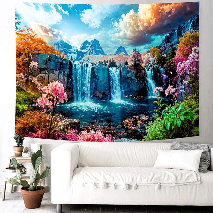 Delur Waterfall Tapestry Tropical Forest Mountain Sunset Tree Wall Hanging Tapestry Scenic Rainforest Landscape Nature Sunrise Headboard for Bedroom Living Room Home Decor (59.1" x 78.7")