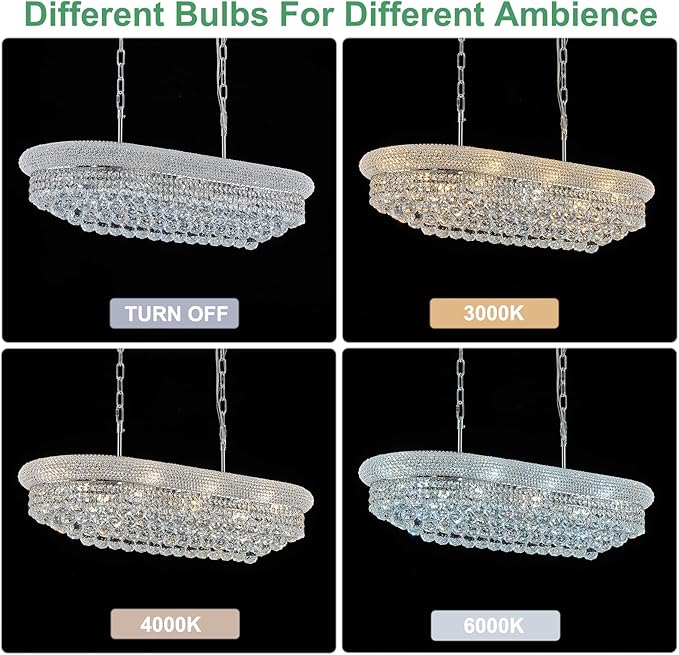 Rectangular Crystal Chandeliers for Dining Room,10 Lights Adjustable Height Oval Crystal Ceiling Light Fixture for Kitchen Island, Chrome Finish, L36''