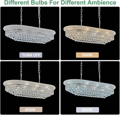 Rectangular Crystal Chandeliers for Dining Room,10 Lights Adjustable Height Oval Crystal Ceiling Light Fixture for Kitchen Island, Chrome Finish, L36''