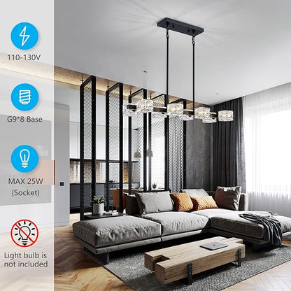 XINGQI Modern Chandeliers for Dining Room Over Table, 8-Light Rectangular Kitchen Island Light Fixture, Linear Farmhouse Metal Glass Black Vintage Hanging Lamp for Living Room Bar