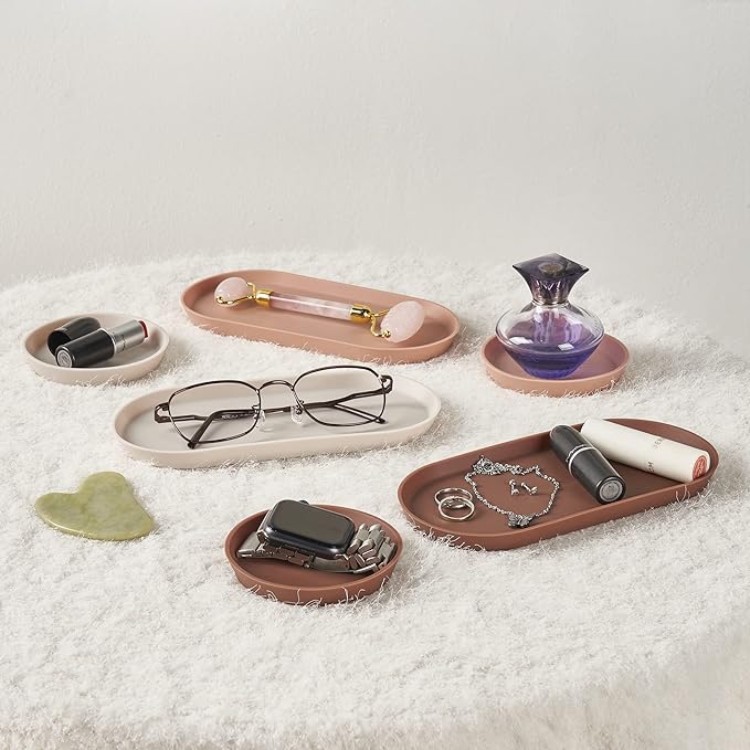 Blue Ginkgo Mini Silicone Trays – Set of 6 Easy-Clean Organizers for Bathroom, Kitchen, Desk, Vanity, and Cosmetics (Brown, Tan, Ivory)