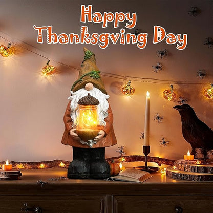 Topadorn Fall Garden Gnome Statue Light, Autumn Harvest Gnome Figurine with Pine Cone on Hand for Fall Harvest Party Thanks, Autumn Thanksgving Gifts for Famliy