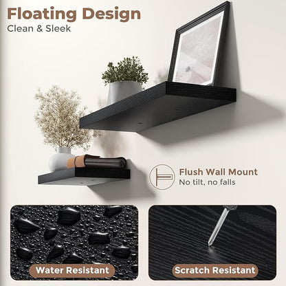 48 Inch Floating Shelves for Wall Set of 2, 8"D Wood Grain Bathroom Shelves with Invisible Brackets, Easy Install Engineered Wood Storage Shelves for Kitchen, Living Room, Bedroom, Black Finish