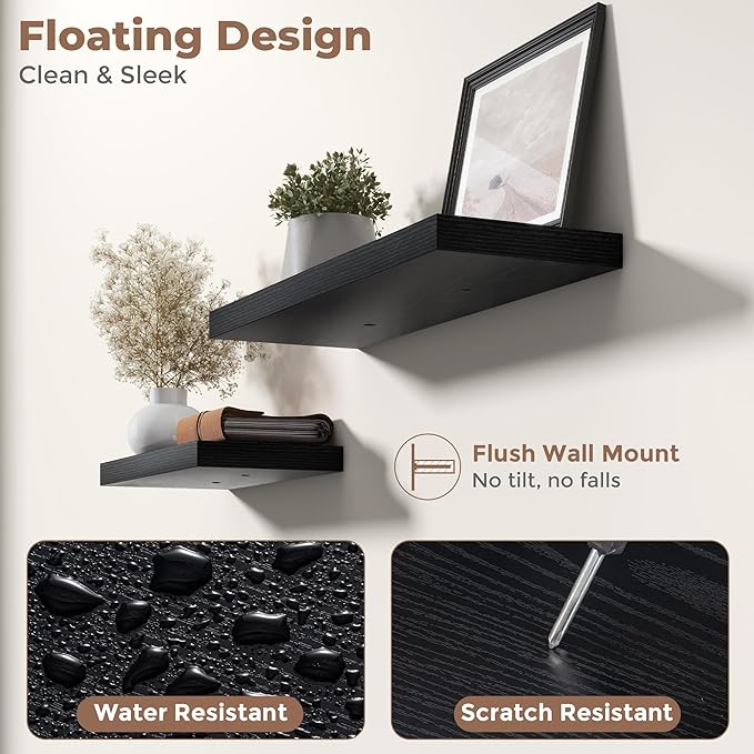 40 Inch Floating Shelves for Wall Set of 2, 8"D Wood Grain Bathroom Shelves with Invisible Brackets, Easy Install Engineered Wood Storage Shelves for Kitchen, Living Room, Bedroom, Black Finish