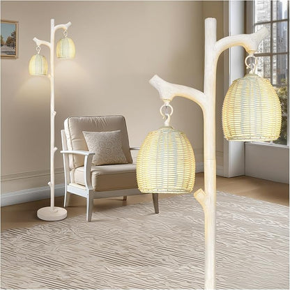 Scenekoy Rustic 68” Tall Floor Lamp with Rattan Shade, Retro Standing Lamp Tree Trunk Washed White Finish & Resin Body, Dimmable Corner Lamp with Bulb Prefer for Living Room Bedroom Home Decor
