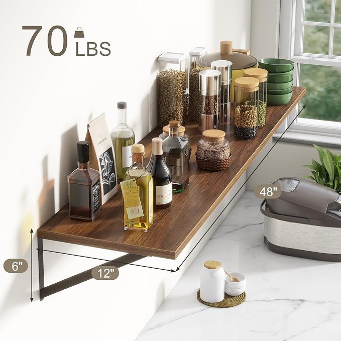 12 Inch Deep Floating Shelves,48W x 12D Floating Shelves, Deep Wall Shelves Bracket Set of 2, Large Display Floating Shelf for Bathroom, Living Room, Wide Storage Wooden Wall Shelf, Walnut