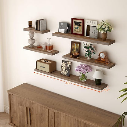 BGMG Floating Shelves for 48 inch Long Set of 2,Wide Rustic Wooden Wall Shelves for Bathroom Living Room Bedroom Kitchen Farmhouse-48x6.7x1.25 inch- Walnut