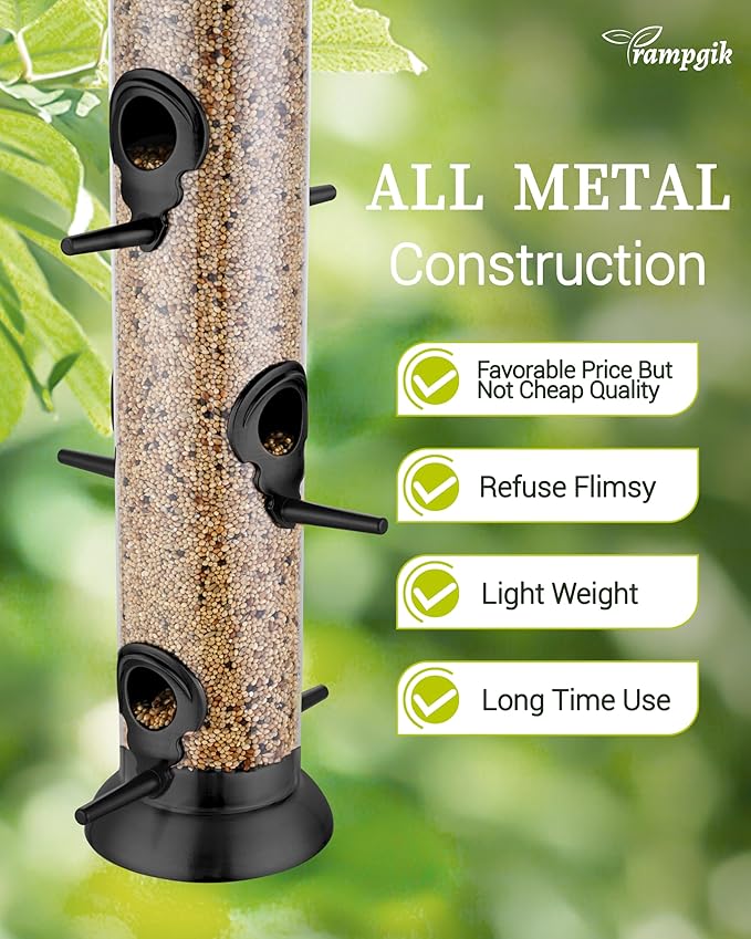 Bird Feeders for Outdoors Hanging,Finch Feeders for Outside,Chew-Proof Hanging Bird Feeder,Rust-Proof Birdfeeder,Squirrel Proof 6 Ports Metal Bird Feeder,14 Inch,1 Pack,Black