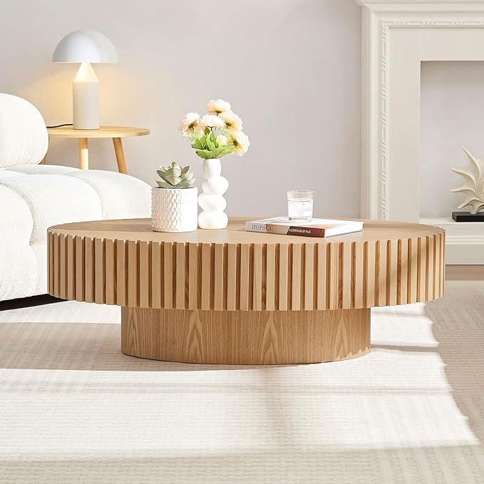 Oval Coffee Table for Living Room, Modern Fluted Coffee Tables with Pedestal Base, Handcrafted Centre Tea Tables Easy Assembly-43.7" Natural