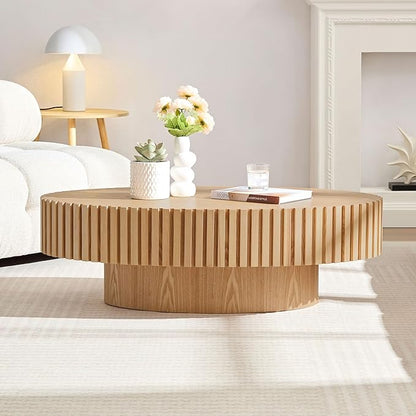 Oval Coffee Table for Living Room, Modern Fluted Coffee Tables with Pedestal Base, Handcrafted Centre Tea Tables Easy Assembly-43.7" Natural