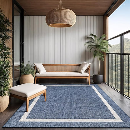 Bordered Outdoor Rug 5x7 Washable Outside Carpet for Indoor Patio Porch Waterproof Easy Cleaning Non Shedding Area Rugs Blue 5 x 7