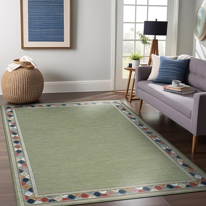 Beverly Rug Outdoor Rug 9x12 Modern Bordered Large Area Rugs for Indoor and Outdoor Patio Easy to Clean Non Shedding Living Room Porch Garden Washable Outside Carpet (9 x 12 Green)