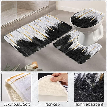 Black Bathroom Accessories Set - 24PCS Bathroom Sets with Shower Curtain and Rugs,Waterproof Black and White Shower Curtain Set, Toilet Brush, Trash Can & Soap Dispenser