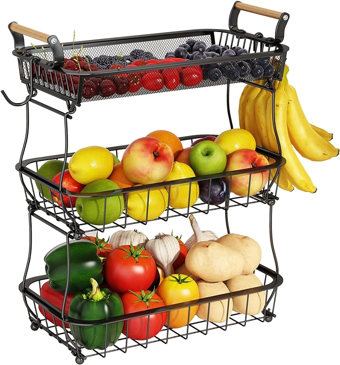 ANTOPY 3 Tier Fruit Basket with 2 Banana Hangers, Countertop Fruit Vegetable Basket Bowl for Kitchen Counter Metal Mesh Basket Fruits Stand Produce Holder Organizer for Onion Potato Bread Snack Veggie