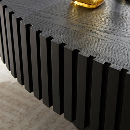 Oval Coffee Table for Living Room, Modern Fluted Coffee Tables with Pedestal Base, Handcrafted Centre Tea Tables Easy Assembly-43.7" Black