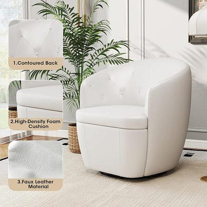 360° Swivel Leather Accent Chair, Modern Barrel Club Chair with Leather Upholstery and Sturdy Base, Comfortable Armchair for Living Room, Bedroom, Reading Nook, White