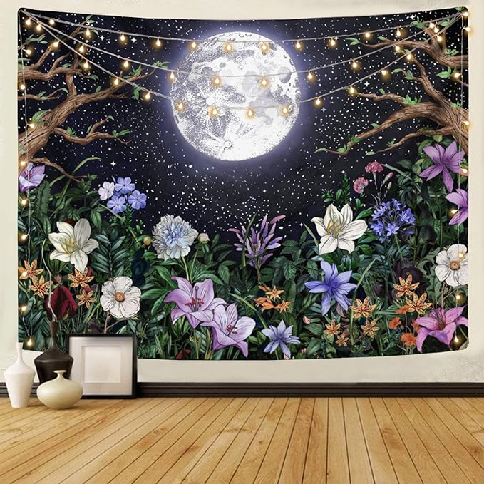Neasow Aesthetic Moon Garden Tapestry Wall Hanging, Night Landscape with Colorful Plants Floral Tapestries for Bedroom Home Decor Multi Color 68×90 inch (172.5cm×230cm)