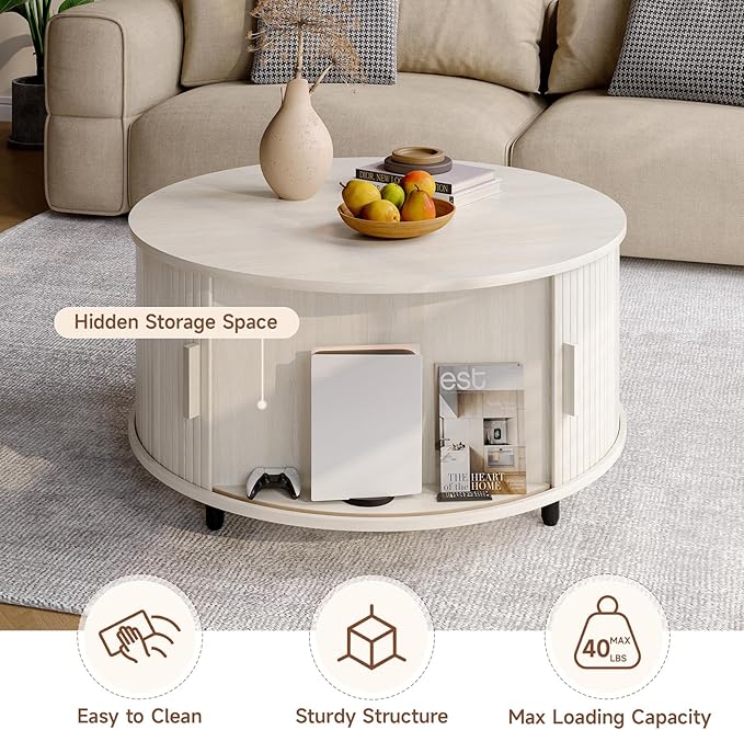 Round Coffee Table with Storage, 31.5" Modern Coffee Table with 360° Curved Sliding Door, Fluted Wood Coffee Table with Adjustable Footpads, Round Center Table for Living Room, Natural White