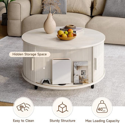 Round Coffee Table with Storage, 31.5" Modern Coffee Table with 360° Curved Sliding Door, Fluted Wood Coffee Table with Adjustable Footpads, Round Center Table for Living Room, Natural White