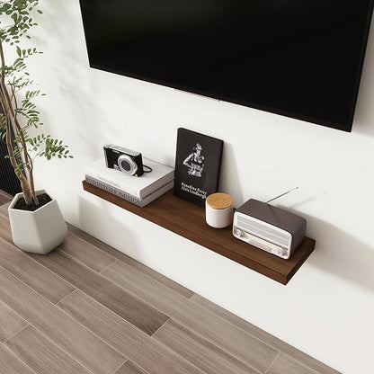 Axeman Floating Shelves, 2 Pack 8 Inch Deep Rustic Solid Wood Wall Shelves for Storage, Wall Mounted Display Shelving with Invisible Heavy-Duty Metal Bracket, 24" W x 8" D x 1.57" H, Walnut Finish