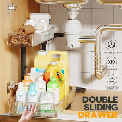 2 Pack Under Sink Organizer, 2-Tier Pull Out Cabinet Organizer, Elegant Acrylic Under Sink Storage Shelf for Kitchen Bathroom Cabinet, L-Shaped Adjustable Height for Maximum Space Efficiency-Black