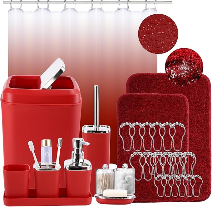 Burgundy Bathroom Accessories Set with Shower Curtain and Rugs, Dark Red Bathroom Accessories with Trash Can,Toothbrush Holder and Cup,Soap Dispenser,Tray,Soap Dish,Toilet Brush,Qtip Holders