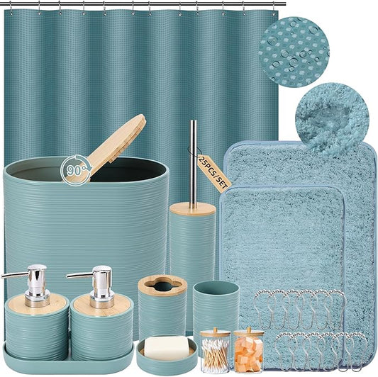 Bathroom Set - Light Blue Bathroom Accessories Set, Bathroom Sets with Shower Curtain and Rugs, 25PC Shower Curtain Set with Hooks, Soap Dispenser, Soap Dish, Toilet Brush Holder and Trash Can
