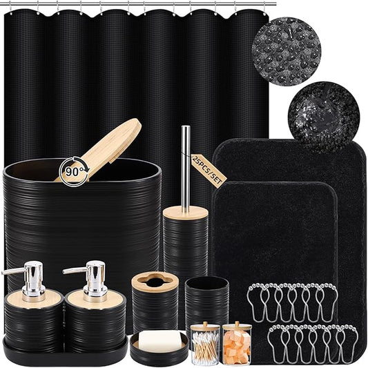 Bathroom Set - Black Bathroom Accessories Set, Bathroom Sets with Shower Curtain and Rugs, 25PC Shower Curtain Set with Hooks, Soap Dispenser, Soap Dish, Toilet Brush Holder and Trash Can
