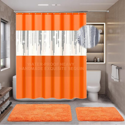 Bathroom Set,Bathroom Sets with Shower Curtain and Rugs Sequin Shower Curtain Set Orange Bathroom Rugs Sets Bathroom Decor