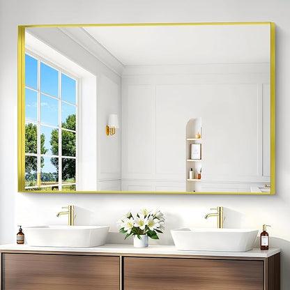 Gold Bathroom Mirror, 60x40 Inch Rectangular Framed Mirror, Large Wall Mounted Bathroom Vanity Mirror Over Sink for Bedroom,Restroom, Living Room, Hangs Vertically or Horizontally
