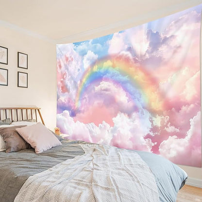 HVEST Rainbow Cloud Tapestry Wall Hanging - Pink Cloud With Glow Sunshine in Pastel Sky, Aesthetic Nature Landscape for Living Room Bedroom Decor, 80x60 Inches
