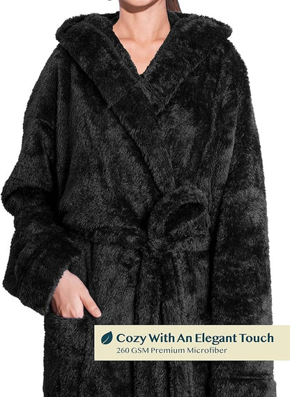 PAVILIA Women Hooded Plush Soft Robe | Fluffy Warm Fleece Sherpa Shaggy Bathrobe