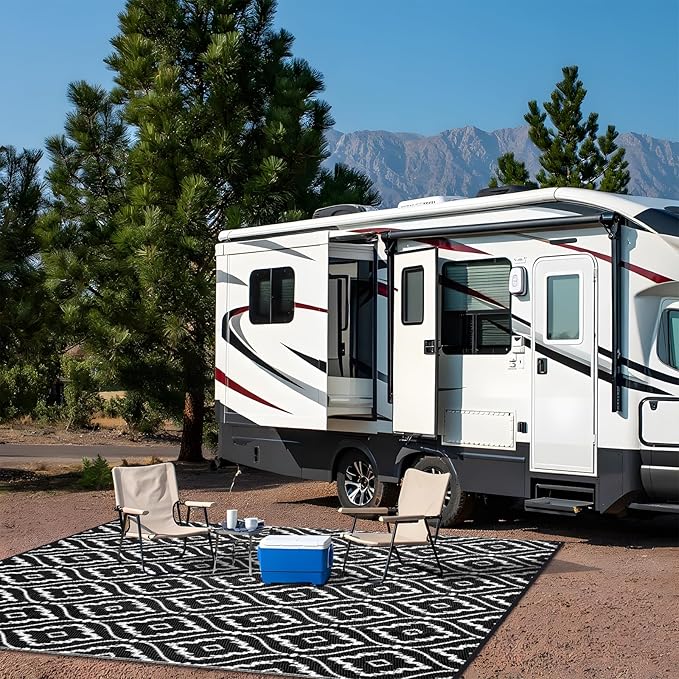 OLANLY Outdoor Rug 8x10 ft Waterproof, Outdoor Plastic Straw Rug with Geometric Pattern Clearance, Reversible RV Mat for Patio, Camping, Balcony, Deck, Backyard, Black & White