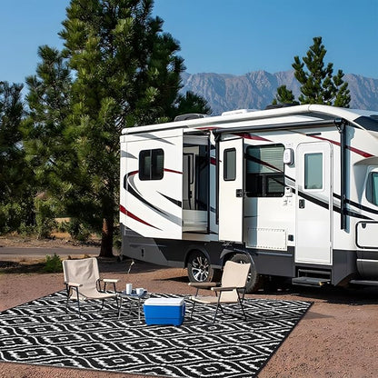 OLANLY Outdoor Rug 8x10 ft Waterproof, Outdoor Plastic Straw Rug with Geometric Pattern Clearance, Reversible RV Mat for Patio, Camping, Balcony, Deck, Backyard, Black & White