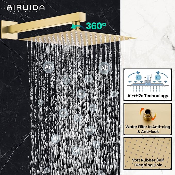 Airuida Shower Faucet Set Bathroom Rain Shower System SUS304 Stainless Steel Single Handle With Male Threads Rough-in Valve Shower Trim Kit 10 Inch Wall Mount Shower Head Brushed Gold