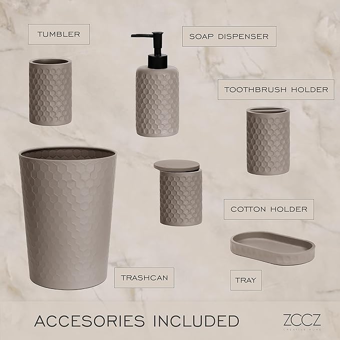 zccz 6 Piece Bathroom Accessories Set, Toothbrush Holder, Toothbrush Cup, Soap Dispenser,Bathroom Vanity Tray, Qtip Holder, Trash Can - Cement